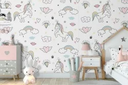 Carta da Parati unicorni decorazione fantasy bambini.