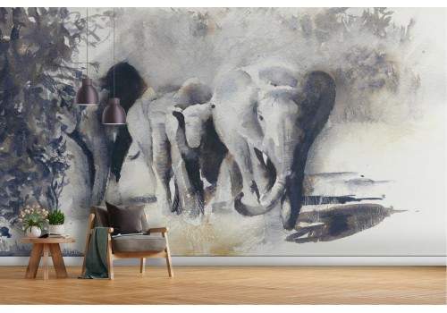 Carta da Parati acquerello animali elefanti natura fauna-5