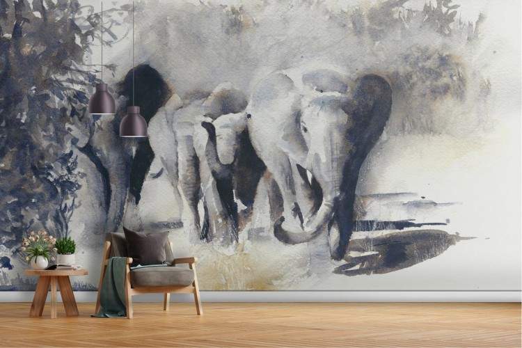 Carta da Parati acquerello animali elefanti natura fauna-5