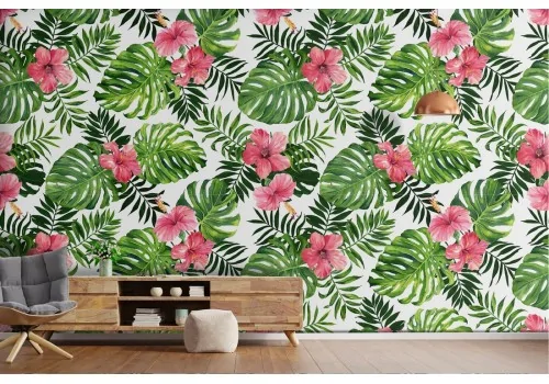 Wallpaper with abstract tropical leaves and flowers nature