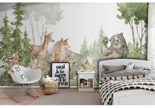 Carta da Parati illustrazione bambini animali bosco cameretta-17