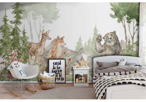 Wallpaper illustration children animals forest bedroom-17