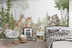 Carta da Parati illustrazione bambini animali bosco cameretta-17