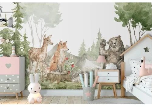 Carta da Parati illustrazione bambini animali bosco cameretta-17 2