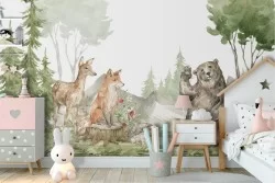 Carta da Parati illustrazione bambini animali bosco cameretta-17