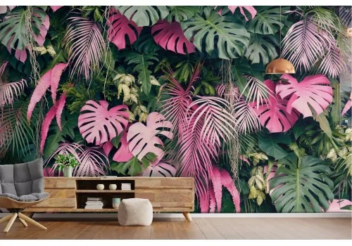 Carta da Parati foglie tropicale verdi e rosa design moderno