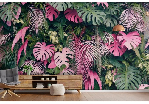 Tropical leaves wallpaper green and pink modern design