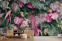 Tropical leaves wallpaper green and pink modern design