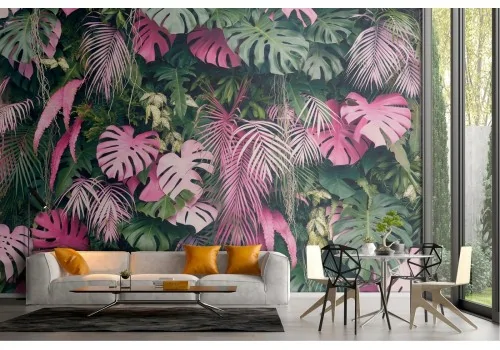 Tropical leaves wallpaper green and pink modern design 2