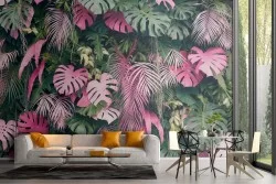 Carta da Parati foglie tropicale verdi e rosa design moderno