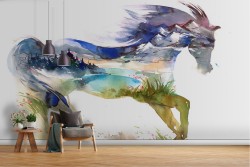 Wallpaper horse abstract design with landscape-34