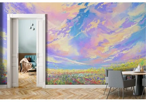 Floral meadow landscape painted wallpaper