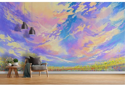 Flowered meadow landscape painted wallpaper 2