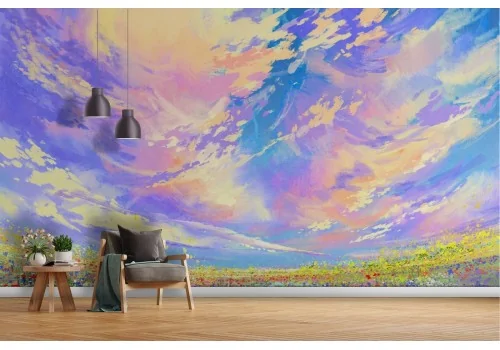 Flowered meadow landscape painted wallpaper 2