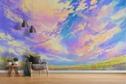 Flowered meadow landscape painted wallpaper