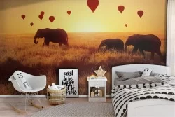 Wallpaper with elephants, hot air balloons and landscape for children-49