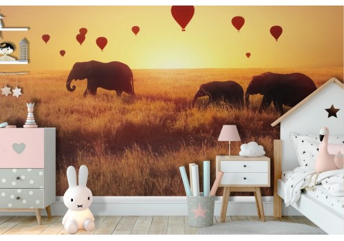 Wallpaper with elephants, hot air balloons and landscape for children-49 2