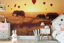 Wallpaper with elephants, hot air balloons and landscape for children-49