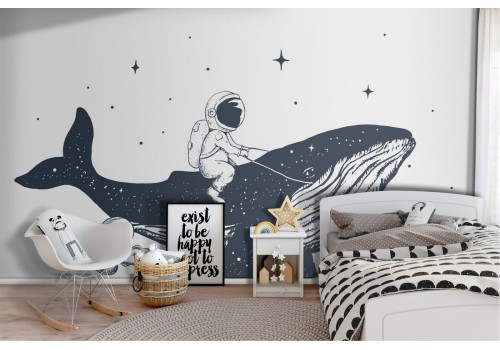 Astronaut on Whale Wallpaper Design for Boys Room-52