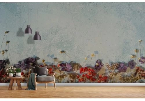 Carta da Parati superficie cemento azzurro con fiori appassiti-58