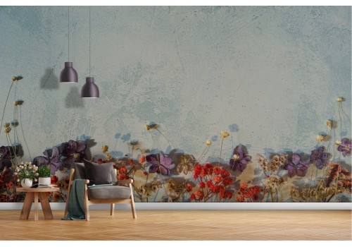 Blue concrete surface wallpaper with wilted flowers-58