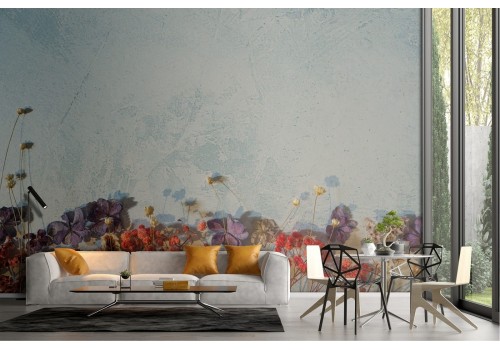 Blue concrete surface wallpaper with wilted flowers-58 2