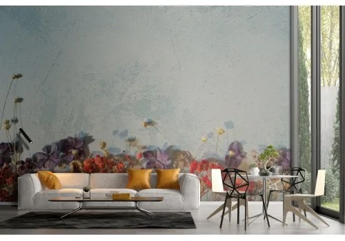 Blue concrete surface wallpaper with wilted flowers-58 2