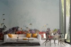 Carta da Parati superficie cemento azzurro con fiori appassiti-58