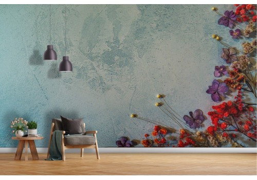 Wallpaper with blue cement surface and vintage flowers-68