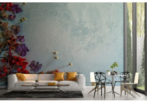 Wallpaper with blue cement surface and vintage flowers-68 2
