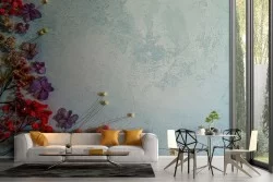 Wallpaper with blue cement surface and vintage flowers-68