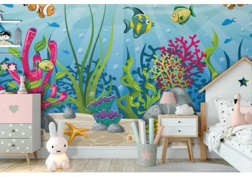 Carta da Parati pesci natura coralli tropicali illustrazione bambini-72 2
