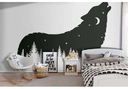 Carta da Parati illustrazione bambini lupo alberi notte-76
