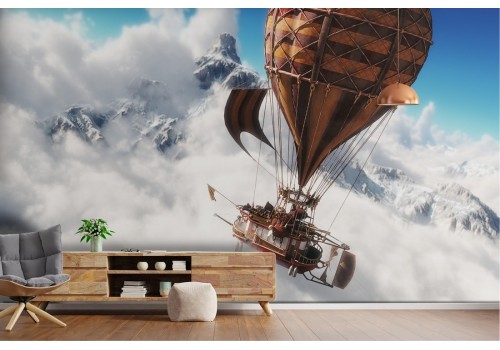 Fantasy hot air balloon mountain landscape wallpaper