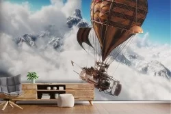 Fantasy hot air balloon mountain landscape wallpaper