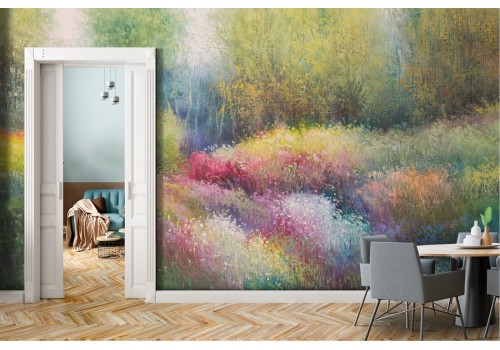 Wallpaper meadow with flowers in the painted forest
