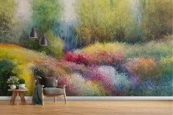 Wallpaper meadow with flowers in the painted forest