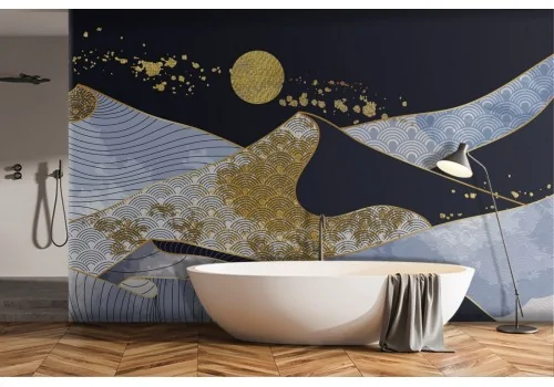 Wallpaper abstract landscape gold and blue mountain-0185