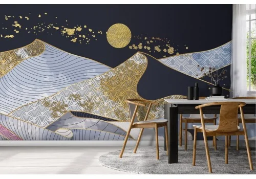 Abstract landscape wallpaper golden and blue mountain-0185 2