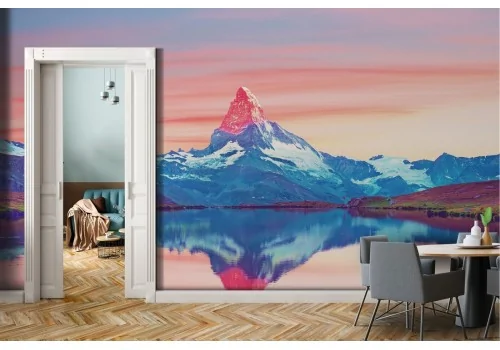 Carta da Parati paesaggio montagna neve con lago-0188