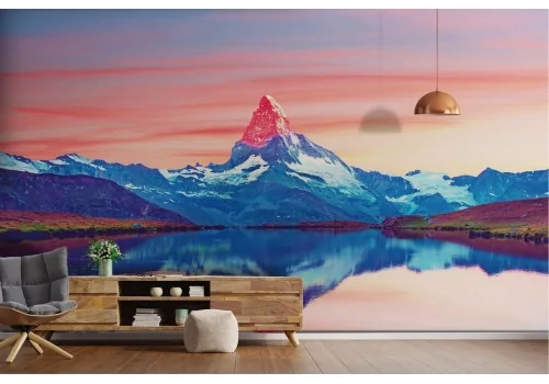 Carta da Parati paesaggio montagna neve con lago-0188 2