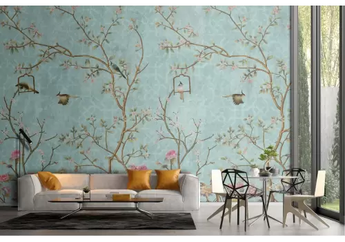 Wallpaper flowers and birds nature 50's vintage