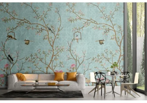Wallpaper with flowers and birds nature '50s vintage