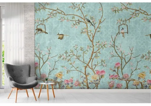 Carta da Parati fiori e uccelli natura anni '50 vintage 2