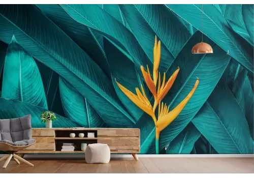 Carta da Parati foglie tropicali fiore arancione