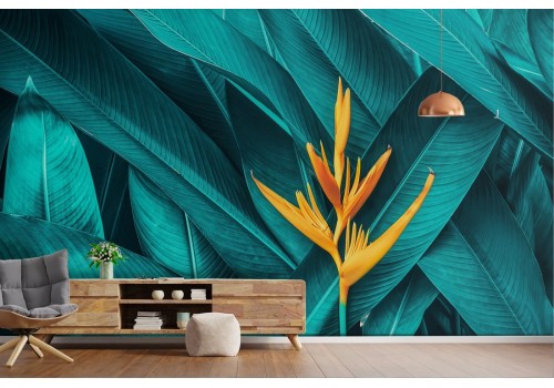 Tropical leaves wallpaper orange flower