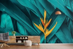 Carta da Parati foglie tropicali fiore arancione