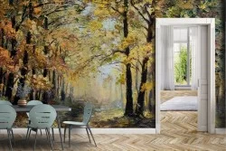 Wallpaper painted autumn forest yellow trees-0217