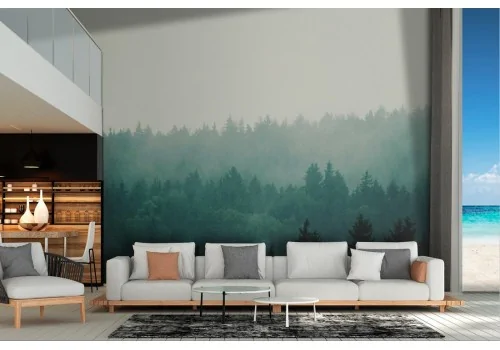 Carta da Parati bosco verde paesaggio natura con nebbia