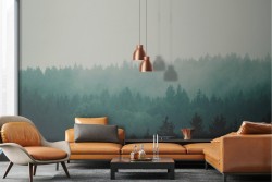 Carta da Parati bosco verde paesaggio natura con nebbia